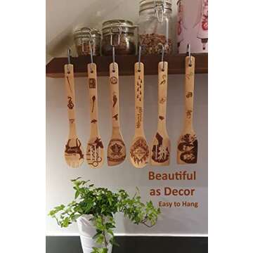 Bejky 6-Pcs Wooden Bamboo Spoons Set - Organic Food Cooking Utensils Kitchen Accessories & Home Decor Cookware Gifts for Women Easy Wash Spatulas 3D Engraved Patterns (Magical Wizard Style), 12-''