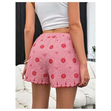 Milumia Women's Floral Embroidered Wide Leg Shorts Scallop High Waist Shorts Red X-Small