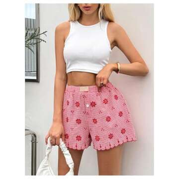 Milumia Women's Floral Embroidered Wide Leg Shorts Scallop High Waist Shorts Red X-Small