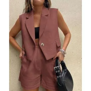 KIRUNDO 2 Piece Sets for Women Summer Sleeveless Lapel Button Cropped Vest Blazer and Shorts Set Work Outfits for Women Office Airport Outfit (Brown Red, Small)