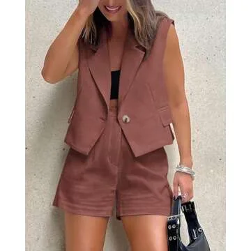 KIRUNDO 2 Piece Sets for Women Summer Sleeveless Lapel Button Cropped Vest Blazer and Shorts Set Work Outfits for Women Office Airport Outfit (Brown Red, Small)