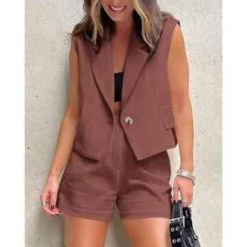 KIRUNDO 2 Piece Sets for Women Summer Sleeveless Lapel Button Cropped Vest Blazer and Shorts Set Work Outfits for Women Office Airport Outfit (Brown Red, Small)