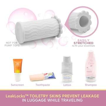 LeakLocks® Toiletry Skins™ Elastic Sleeve for Leak Proofing Travel Container in Luggage. For Stan...