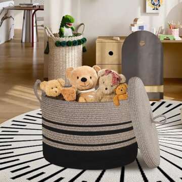 HONCESTA Extra Large Woven Basket with Lid, 18" X 14" Wicker Blanket Storage Basket Living Room, Tall Rope Storage Baskets for Toys, Decorative Kids Toy Bin Box with Cover, Baby Laundry Basket Hamper