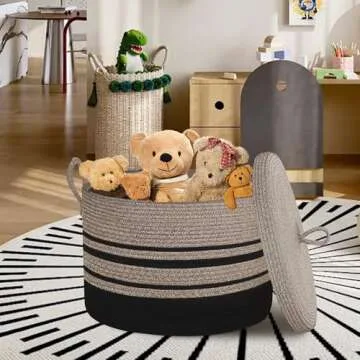 HONCESTA Extra Large Woven Basket with Lid, 18" X 14" Wicker Blanket Storage Basket Living Room, Tall Rope Storage Baskets for Toys, Decorative Kids Toy Bin Box with Cover, Baby Laundry Basket Hamper