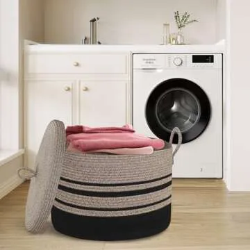 HONCESTA Extra Large Woven Basket with Lid, 18" X 14" Wicker Blanket Storage Basket Living Room, Tall Rope Storage Baskets for Toys, Decorative Kids Toy Bin Box with Cover, Baby Laundry Basket Hamper