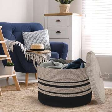 HONCESTA Extra Large Woven Basket with Lid, 18" X 14" Wicker Blanket Storage Basket Living Room, Tall Rope Storage Baskets for Toys, Decorative Kids Toy Bin Box with Cover, Baby Laundry Basket Hamper