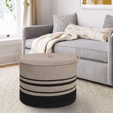 HONCESTA Extra Large Woven Basket with Lid, 18" X 14" Wicker Blanket Storage Basket Living Room, Tall Rope Storage Baskets for Toys, Decorative Kids Toy Bin Box with Cover, Baby Laundry Basket Hamper