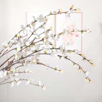 Ammyoo Artificial Faux Plants Flowers Indoor Spring Summer Decor, 4 Bundles Fake Silk Plum Blossom,Faux Silk Cherry Blossom Branches for Wedding Office Party Hotel Home Decor, Vase Not Included(White)
