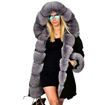 Aofur Womens Hooded Fur Lined Warm Coats Down Parkas Anoraks Outwear Winter Long Jackets (Medium, Black Grey Fur)