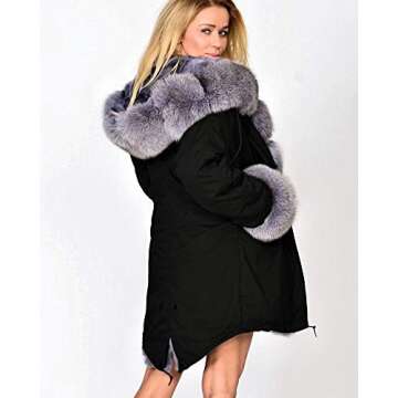 Aofur Womens Hooded Fur Lined Warm Coats Down Parkas Anoraks Outwear Winter Long Jackets (Medium, Black Grey Fur)