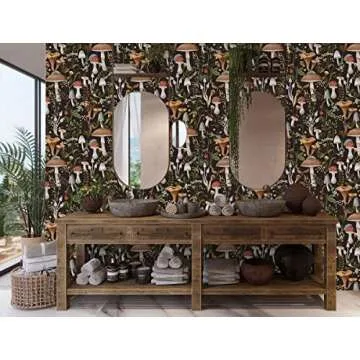 HAOKHOME Peel and Stick Wallpaper Boho Mushroom Removable Stick on Forest Contact Paper for Bathroom Black/Brown/Green 17.7in x 9.8ft