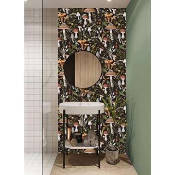 HAOKHOME Peel and Stick Wallpaper Boho Mushroom Removable Stick on Forest Contact Paper for Bathroom Black/Brown/Green 17.7in x 9.8ft