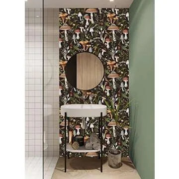 HAOKHOME Peel and Stick Wallpaper Boho Mushroom Removable Stick on Forest Contact Paper for Bathroom Black/Brown/Green 17.7in x 9.8ft