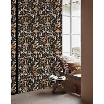 HAOKHOME Peel and Stick Wallpaper Boho Mushroom Removable Stick on Forest Contact Paper for Bathroom Black/Brown/Green 17.7in x 9.8ft