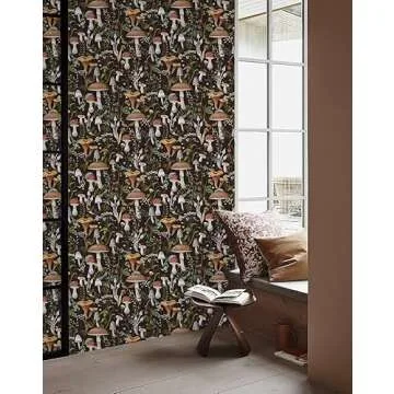 HAOKHOME Peel and Stick Wallpaper Boho Mushroom Removable Stick on Forest Contact Paper for Bathroom Black/Brown/Green 17.7in x 9.8ft