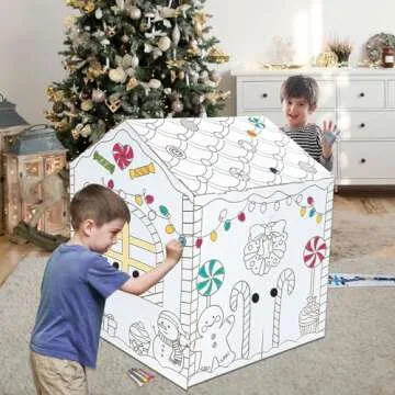 kockuu Color Your Own Cardboard Gingerbread House, Large Christmas Cardboard Playhouse for Kids Toddlers Christmas Arts & Crafts Activity Indoor Fun, 40" x 32" x 26"