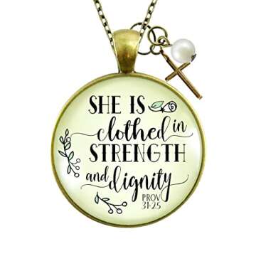Cross Necklace for Women She is Clothed in Strength and Dignity Bronze Boho Style Jewelry Chain 24" ...