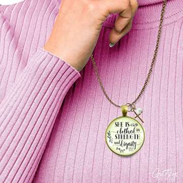 Cross Necklace for Women She is Clothed in Strength and Dignity Bronze Boho Style Jewelry Chain 24" - Handmade Proverbs Verse Inspirational Pendant, Confirmation Grad Birthday Gift Message Card & Box