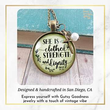 Cross Necklace for Women She is Clothed in Strength and Dignity Bronze Boho Style Jewelry Chain 24" - Handmade Proverbs Verse Inspirational Pendant, Confirmation Grad Birthday Gift Message Card & Box
