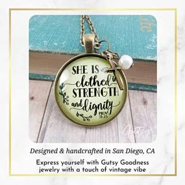 Cross Necklace for Women She is Clothed in Strength and Dignity Bronze Boho Style Jewelry Chain 24" - Handmade Proverbs Verse Inspirational Pendant, Confirmation Grad Birthday Gift Message Card & Box