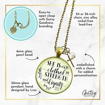 Cross Necklace for Women She is Clothed in Strength and Dignity Bronze Boho Style Jewelry Chain 24" - Handmade Proverbs Verse Inspirational Pendant, Confirmation Grad Birthday Gift Message Card & Box