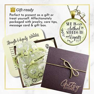 Cross Necklace for Women She is Clothed in Strength and Dignity Bronze Boho Style Jewelry Chain 24" - Handmade Proverbs Verse Inspirational Pendant, Confirmation Grad Birthday Gift Message Card & Box