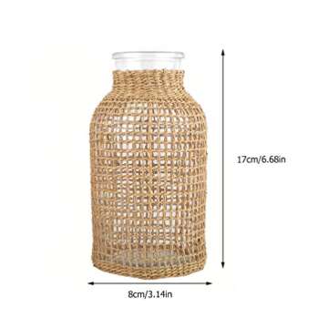 DOITOOL Glass Flower Vase with Rattan Cover, Round Decorative Flower Vase Woven Seagrass Vase Farmhouse Vase Floral Container for Floral Arrangement Table Centerpiece Decor (Size S)