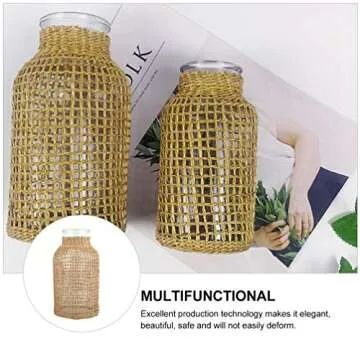 DOITOOL Glass Flower Vase with Rattan Cover, Round Decorative Flower Vase Woven Seagrass Vase Farmhouse Vase Floral Container for Floral Arrangement Table Centerpiece Decor (Size S)