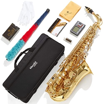 Mendini By Cecilio Eb Alto Saxophone - Case, Tuner, Mouthpiece, 10 Reeds, Pocketbook- Gold E Flat Mu...