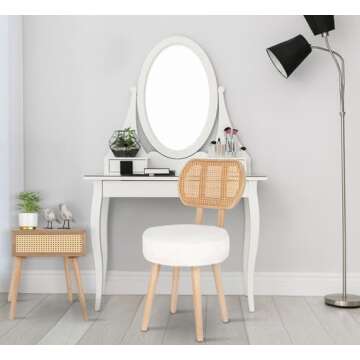 ZYBT Rattan Dining Chair, Boho Makeup Vanity Chair, Kitchen Dining Room Chairs, Mid Century Modern B...