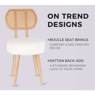 ZYBT Rattan Dining Chair, Boho Makeup Vanity Chair, Kitchen Dining Room Chairs, Mid Century Modern Boucle Chair, Stylish Upholstered Wood Accent Chair, Cute Sherpa Chair, Living Room Chair, 1 Pc