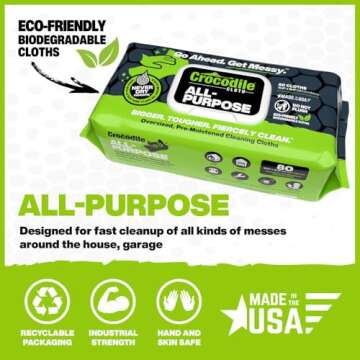 Crocodile Cloth All-Purpose - 80 Biodegradable, 10" X 15" Cleaning Wipes. Large, Moist, Absorbent and Disposable Cleaning Cloths. Safe on Skin and Multiple Surfaces.