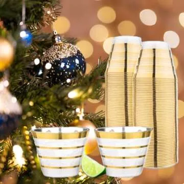 Perfect Settings 110 Gold 4 Line Clear Plastic Cups - Holiday Wedding Party Elegant Trimmed Disposab...