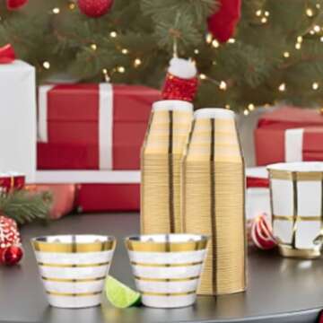 Perfect Settings 110 Gold 4 Line Clear Plastic Cups 9oz - Holiday Wedding Party Elegant Trimmed Disposable Cups, 4 Line Gold Party Cups