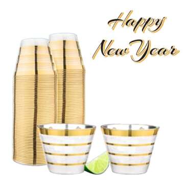 Perfect Settings 110 Gold 4 Line Clear Plastic Cups 9oz - Holiday Wedding Party Elegant Trimmed Disposable Cups, 4 Line Gold Party Cups