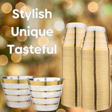 Perfect Settings 110 Gold 4 Line Clear Plastic Cups 9oz - Holiday Wedding Party Elegant Trimmed Disposable Cups, 4 Line Gold Party Cups