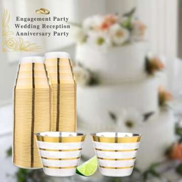 Perfect Settings 110 Gold 4 Line Clear Plastic Cups 9oz - Holiday Wedding Party Elegant Trimmed Disposable Cups, 4 Line Gold Party Cups