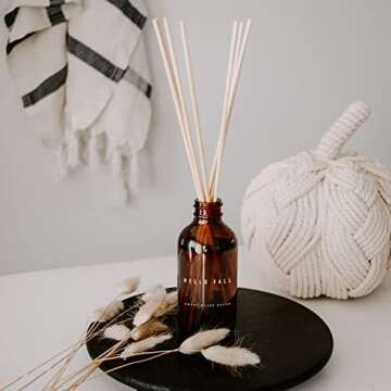 Sweet Water Decor Hello Fall Amber Reed Diffuser Set | Hot Cider, Cinnamon, Cloves, Apple, Nutmeg Scented Air Freshener | Fragrance Gift Sets | Housewarming Gifts | Decorative Scent Sticks