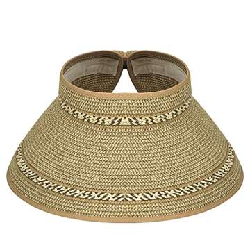Women Sun Visor Hats - Foldable Straw Summer Beach Cap with Wide Brim