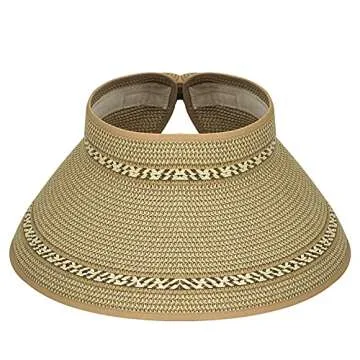 Women Sun Visor Hats - Foldable Straw Summer Beach Cap with Wide Brim