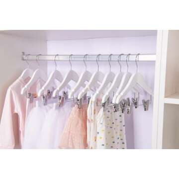 Quality Hangers 10” Wooden Baby Hangers with Clips | 20 Pack | Pant Skirt Hangers with 360-Degree Swivel Hook & Nonslip Notches | Infant Hangers Suitable for Baby Clothes of 0-3 Years (White, 20)