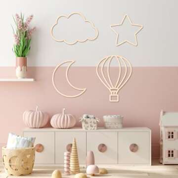 4 Pieces Boho Nursery Cloud Star Wall Decor Wooden Babyroom Moon Rattan Wall Decor Wooden Rainbow for Children Baby Kids Boys Girls Bedroom Nursery Pendant(Cloud Star Moon Hot Air Balloon)