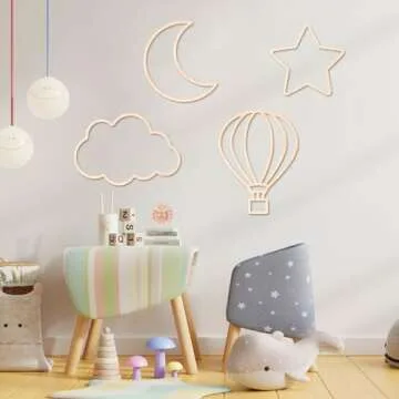 4 Pieces Boho Nursery Cloud Star Wall Decor Wooden Babyroom Moon Rattan Wall Decor Wooden Rainbow for Children Baby Kids Boys Girls Bedroom Nursery Pendant(Cloud Star Moon Hot Air Balloon)