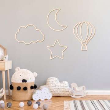 4 Pieces Boho Nursery Cloud Star Wall Decor Wooden Babyroom Moon Rattan Wall Decor Wooden Rainbow for Children Baby Kids Boys Girls Bedroom Nursery Pendant(Cloud Star Moon Hot Air Balloon)