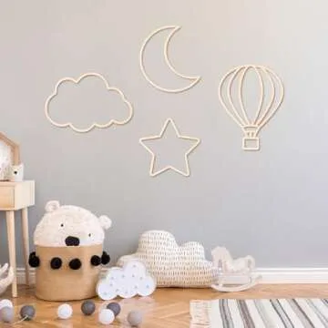 4 Pieces Boho Nursery Cloud Star Wall Decor Wooden Babyroom Moon Rattan Wall Decor Wooden Rainbow for Children Baby Kids Boys Girls Bedroom Nursery Pendant(Cloud Star Moon Hot Air Balloon)