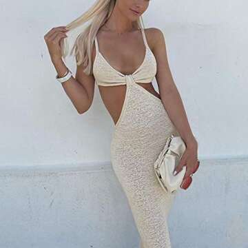 Lunoakvo Vacation Knitted Maxi Dresses for Women Summer Elegant Sexy Party Cut Out Backless Bodycon Dress
