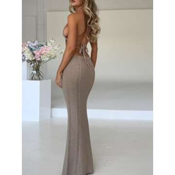 Ryehack Womens Halter Crochet Dress Summer Sleeveless Backless V Neck Hollow Out Maxi Dress Beach Va...