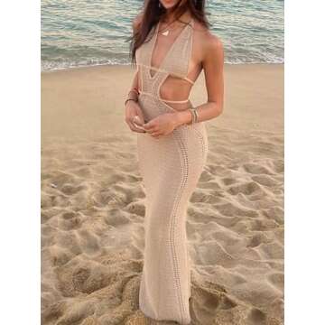 Ryehack Womens Halter Crochet Dress Summer Sleeveless Backless V Neck Hollow Out Maxi Dress Beach Vacation Dress Khaki