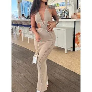 Ryehack Womens Halter Crochet Dress Summer Sleeveless Backless V Neck Hollow Out Maxi Dress Beach Vacation Dress Khaki